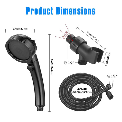 Dimensions of High Pressure Handheld Shower Head With 3 Spray Modes And On Off Pause Button Water Saving RV Shower Kit