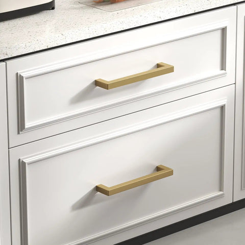 Champagne Bronze Cabinet Handles 25 Pack 5 Inch Square Drawer Pulls on white kitchen drawer