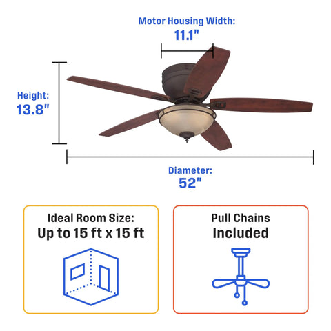 Diagram of Quiet Indoor 52 Inch Ceiling Fan With LED Light Kit Reversible Blades In Applewood And Cherry Amber Alabaster Glass