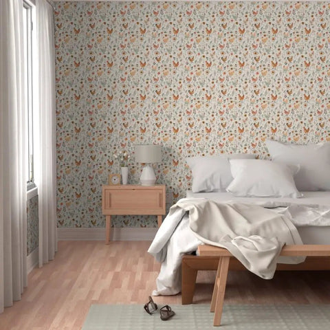 Top Tier Matte Wallpaper Featuring Pastel Hen Pattern And Subtle Linen Texture Heavy Duty PVC Free Wallcovering For Kitchens Bathrooms And Hallways Zero Hassle Paste To Paper Application in a cozy bedroom setting.