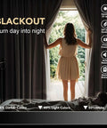 Woman opening Olive Blackout Curtains Two Panel Set 52 Wide By 84 Long Thermal Insulated Room Darkening Window Drapes
