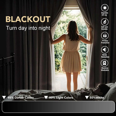 Woman opening Olive Blackout Curtains Two Panel Set 52 Wide By 84 Long Thermal Insulated Room Darkening Window Drapes