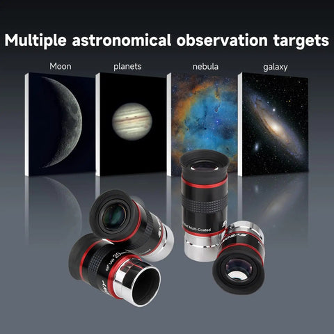 Ultra Wide 68 Degree 1.25 Inch Eyepiece Set For Telescopes With FMC Green Film Optics displayed with astronomical images