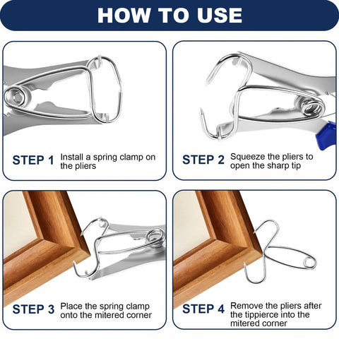 Heavy Duty Miter Spring Clamps Pliers Kit With Stainless Steel Rubber Handle For Woodworking And Crafting Plus Rust Resistant Heat Treated Design Perfect For Shop Or Job Site Work, clamp use steps
