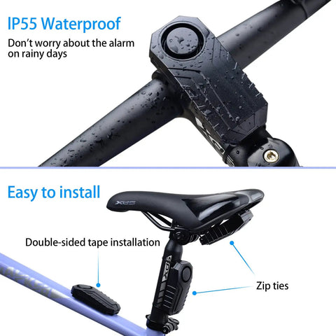 113dB Vibration Sensing Bike Alarm With Remote And Wireless Receiver for bicycles, easy installation under seat with zip ties