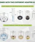 Visual of 10 Inch 3 Tooth Brush Cutter Blades 2 Pack With Universal 25.4mm Adapter showing different adapter kits compatible with trimmers