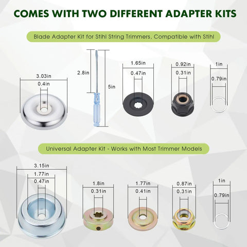 Visual of 10 Inch 3 Tooth Brush Cutter Blades 2 Pack With Universal 25.4mm Adapter showing different adapter kits compatible with trimmers