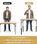 Before and after display of Hella Sturdy 4 Pack Table Leg Extender Adjustable Steel Desk Risers raising table height.