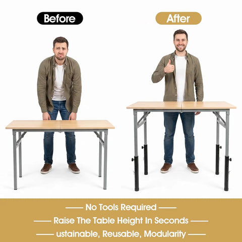 Before and after display of Hella Sturdy 4 Pack Table Leg Extender Adjustable Steel Desk Risers raising table height.