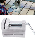 Professional Grade Heavy Duty Drill Press Vise Machine With Bulletproof Aluminum Jaws And Zero Lash Grip For Workbench Milling Woodworking And Drop Forged Portable Shop Clamping Gear, silver aluminum vise detail.