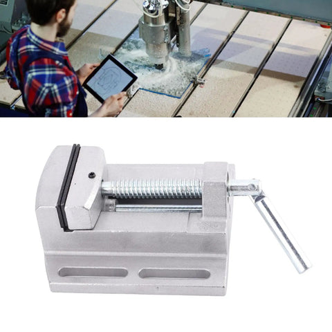 Professional Grade Heavy Duty Drill Press Vise Machine With Bulletproof Aluminum Jaws And Zero Lash Grip For Workbench Milling Woodworking And Drop Forged Portable Shop Clamping Gear, silver aluminum vise detail.