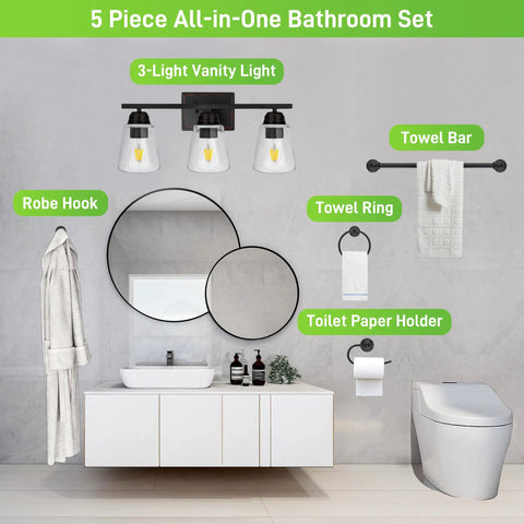 3 Light Vanity Light And 5 Piece All In One Bathroom Set In Oil Rubbed Bronze, 20 Inch Modern Wall Lamp With Clear Glass Shade, Includes Towel Bar, Towel Ring, Toilet Paper Holder And Robe Hook, Great For Bedroom, Living Room, Or Mirror