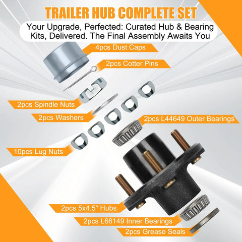 Trailer hub kit for 5-lug tapered spindle; includes 2 hubs, inner and outer bearings, lug nuts, seals, and dust caps.