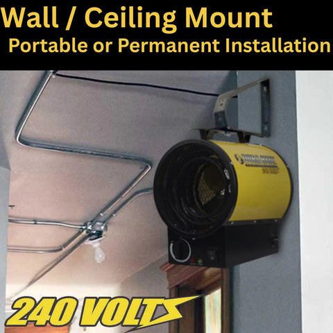 Heavy Duty 240V Electric Forced Air Heater for Garage and Workshop installed on wall with bracket, yellow and black unit
