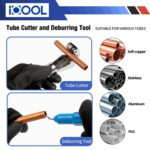Tubing Bender Kit With Seven Exchangeable Heads One Quarter To Seven Eighths Inch For Soft Copper And Aluminum HVAC Refrigeration Systems Includes A Handy Tube Cutter And Pro Grade Aluminum Alloy Build with tube cutter and deburring tool for copper
