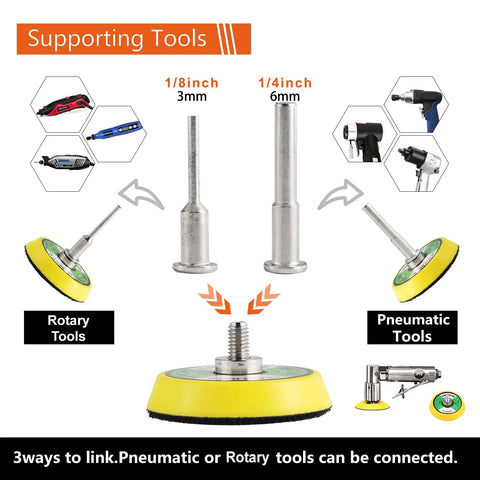 Two and Three Inch Versatile Sanding Discs Kit for Drill, Grinder and Rotary Tools, showing 1/8 and 1/4 inch shanks compatibility
