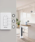 Mini Wireless Wall Mount Remote Outlet Switch Kit With 3 Plug In Outlets for household appliances and LED lighting shown in use.