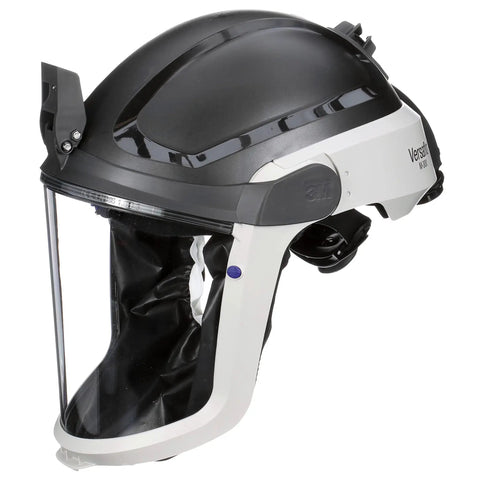 Side view of a helmet with a black and white shell, featuring a clear face shield.