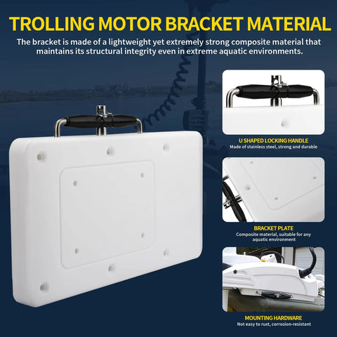 Quick Release Trolling Motor Mount Bracket For Ulterra Terrova PowerDrive V2 Riptide ST SP Deckhand 40 Electric Steer Mounting Plate 1854017 RTA 17 White No Fuss Quick Install Built Rock Solid shown with locking handle, composite plate, and mounting hardware.