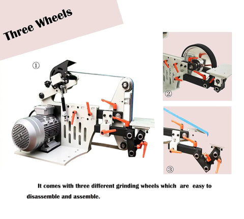 Badass Heavy Duty Belt Grinder And Sander Polisher With Variable Speed Setup For Knife Sharpening Rust Removal And Metalworking Featuring A 72X2 Inch Sanding Belt And Rock Solid Dual Work Stands Powering Up At 220V For Serious Shop Hustle, with three removable grinding wheels.