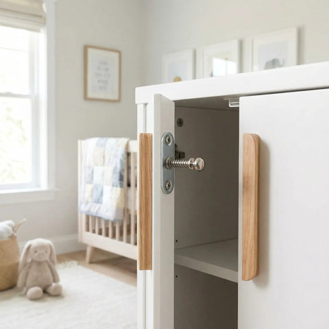 Five Piece Crib Spring Latch Pin Kit With Plate For Adjustable Nursery Crib Hardware Replacement Stainless Steel Safe Height Adjustment No Brainer Easy Install Durable Cot Bed Repair Parts For Parents, crib latch close-up