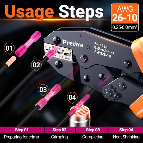 All In One Wire Crimping Tool Kit With 200 Heat Shrink Connectors, Color Coded Crimper And Wire Stripper, IP67 Waterproof Terminals For 26 10 AWG, Pro Electrician Tool Set With Durable Storage Case showing step-by-step usage of crimper with pink connectors and wires