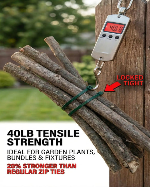 40 lb tensile strength zip ties securing branches with a tight lock, shown with measuring device