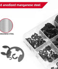 455-Piece E-Clip External Retaining Ring Assortment Kit With 14 Sizes In Black Steel Shaft Circlips for auto repair displayed in box