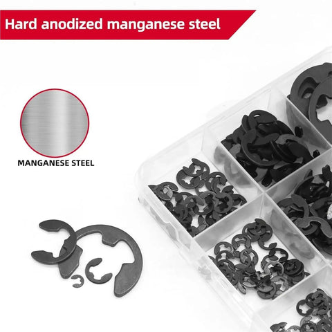 455-Piece E-Clip External Retaining Ring Assortment Kit With 14 Sizes In Black Steel Shaft Circlips for auto repair displayed in box