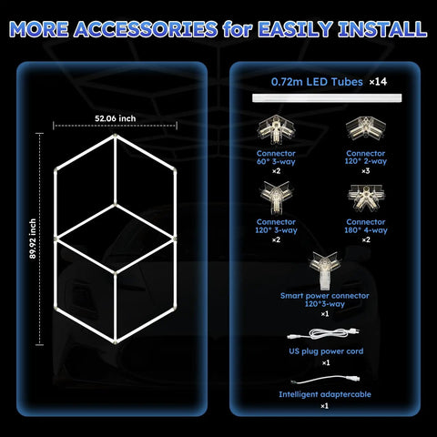 Large Hexagon Diamond LED Ceiling Lights For Garages, Shops, Offices, And Auto Repair Bays, Bright Even Illumination With Wide Area Coverage From A Diamond Grid Design Ideal For Retail Stores And Conference Rooms One Pack image showing dimensions and accessories including connectors and power cord.