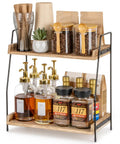Countertop Coffee Station Organizer With Two Tier Wood Shelves For All Your Coffee Bar Gear And Condiment Storage In Brown Finish For Kitchen Office And Home with jars and bottles on display.