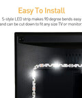 LED TV Backlight Strip Lights With USB Power, Remote Control, shown on TV with easy installation and flexible bend.