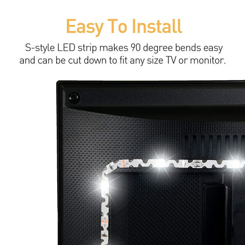 LED TV Backlight Strip Lights With USB Power, Remote Control, shown on TV with easy installation and flexible bend.
