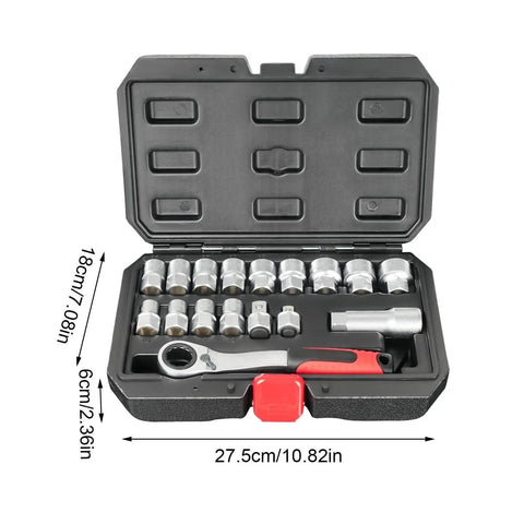 Beefed Up Heavy Duty Socket And Ratchet Set with hollow through design in open black case, clear size indicators visible.