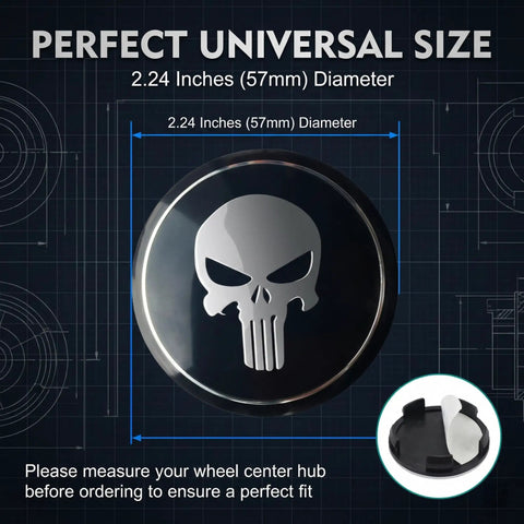 Four 2.2 Inch Metal Wheel Center Caps With A Badass Skull Pattern Universal Car Truck Rim Hub Covers showing the perfect fit size.