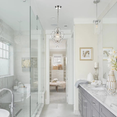 Small Crystal Chandelier Pendant Light Fixture With Elegant Sparkle One Light Adjustable Hanging Fixture For Entryway Bedroom Girls Room And Kitchen Island To Add That Lit Glow For Modern Home Decor shown in elegant bathroom setting