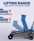 3 Ton Hydraulic Floor Jack 6600 Lbs Lift Range Heavy Duty Steel Race Car Stand With Rollers Easy Maneuvering showing lift heights from 5.31 to 18.11 inches.