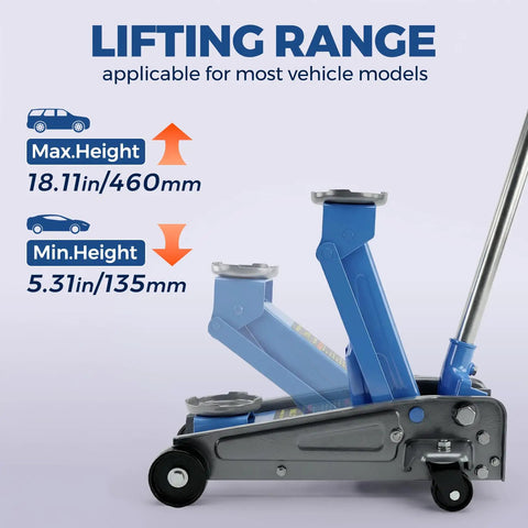 3 Ton Hydraulic Floor Jack 6600 Lbs Lift Range Heavy Duty Steel Race Car Stand With Rollers Easy Maneuvering showing lift heights from 5.31 to 18.11 inches.