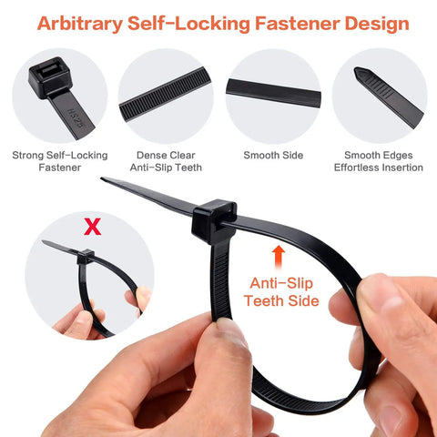 Close-up of heavy duty zip tie showing teeth, fastening and self-locking design, part of 700 count assorted cable ties pack.