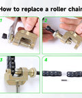 Steps for replacing roller chain with 134 Link Drive Chain For 2 Stroke Dirt Bikes And Pocket Rockets Fit with tools shown