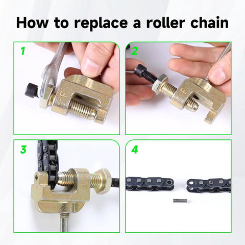 Steps for replacing roller chain with 134 Link Drive Chain For 2 Stroke Dirt Bikes And Pocket Rockets Fit with tools shown