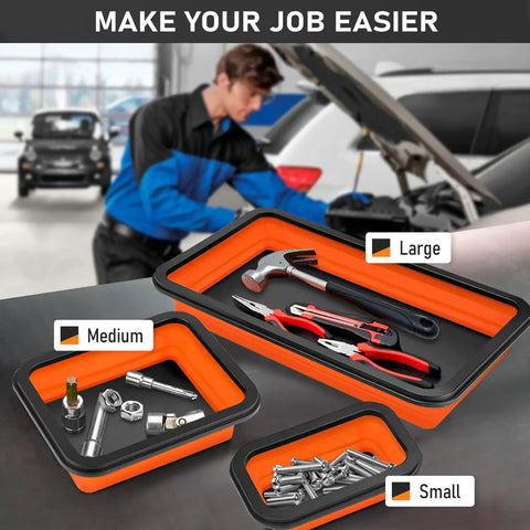 Collapsible Magnetic Parts Tray Set With 3 Foldable Silicone Tool Trays displayed with bolts, screws, and tools in a garage setting