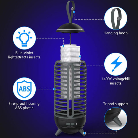 2 In 1 Cordless Bug Zapper Outdoor Rechargeable Mosquito Killer Lamp in black with ABS housing and hanging hook