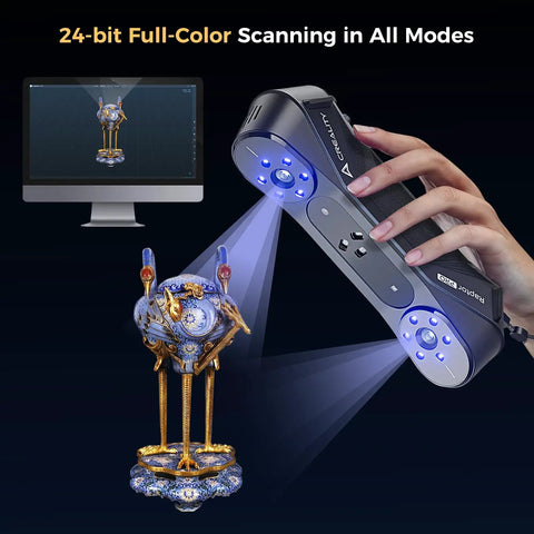 Raptor Pro 3D Scanner Delivers Metrology Grade Accuracy Up To 0.02mm At 60FPS With Blue Laser Array And NIR Structured Light hand scanning a decorative figurine