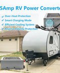 Heavy Duty 55 Amp Rv Converter Plug And Play Campground Ready Dc Power Supply with multiple protections shown next to a travel trailer.