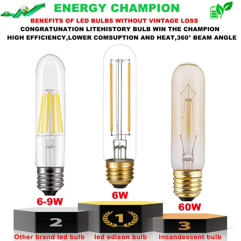 Comparison of 6-9W and 60W LED Edison bulbs, highlighting energy efficiency and design benefits