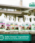 Healthier Home cleaning product bottles displayed in front of a house, featuring Safer Choice ingredients banner.