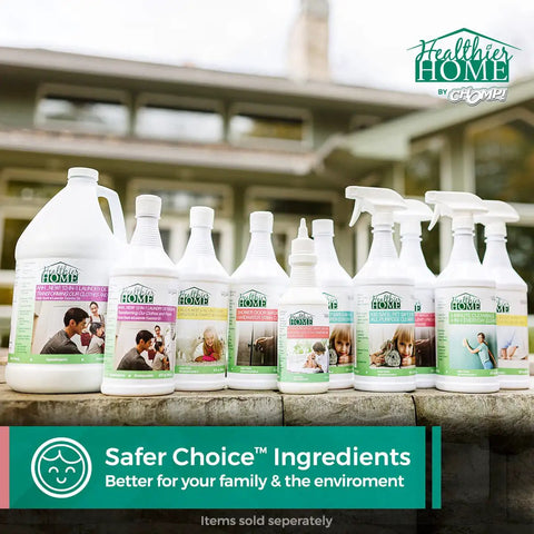 Healthier Home cleaning product bottles displayed in front of a house, featuring Safer Choice ingredients banner.