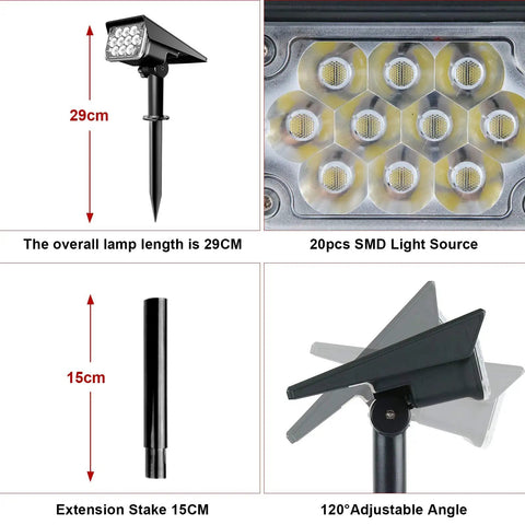 Green Solar Outdoor Spotlights 20 LED IP65 Waterproof Landscape Lights measurements and details