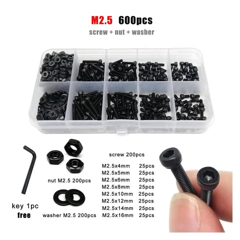 Hex Socket Cap Head Screw Kit With Nuts And Washers, DIN912 Machine Screws M1.6 M2.5 M3, All In One Metric Set In Storage Box For General Assembly, 600Pcs M2.5 Included.